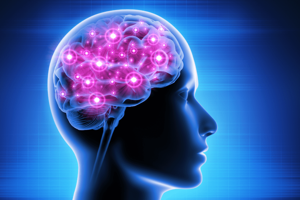 A blue background with a human head and pink lights in the brain.