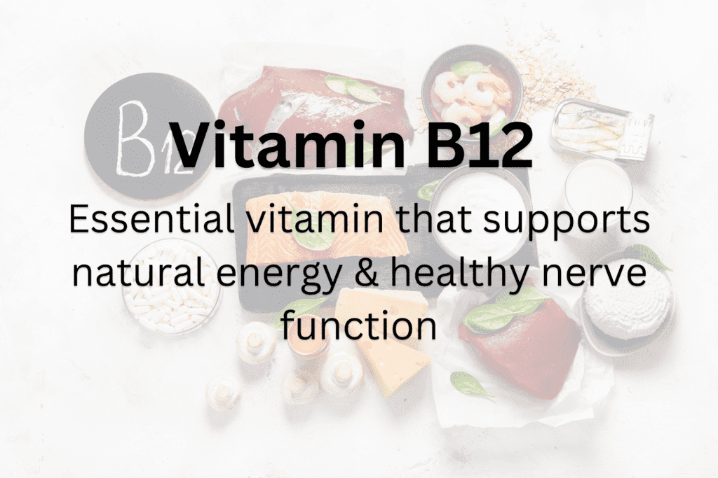 A table topped with lots of food and the words " vitamin b 1 2 ".