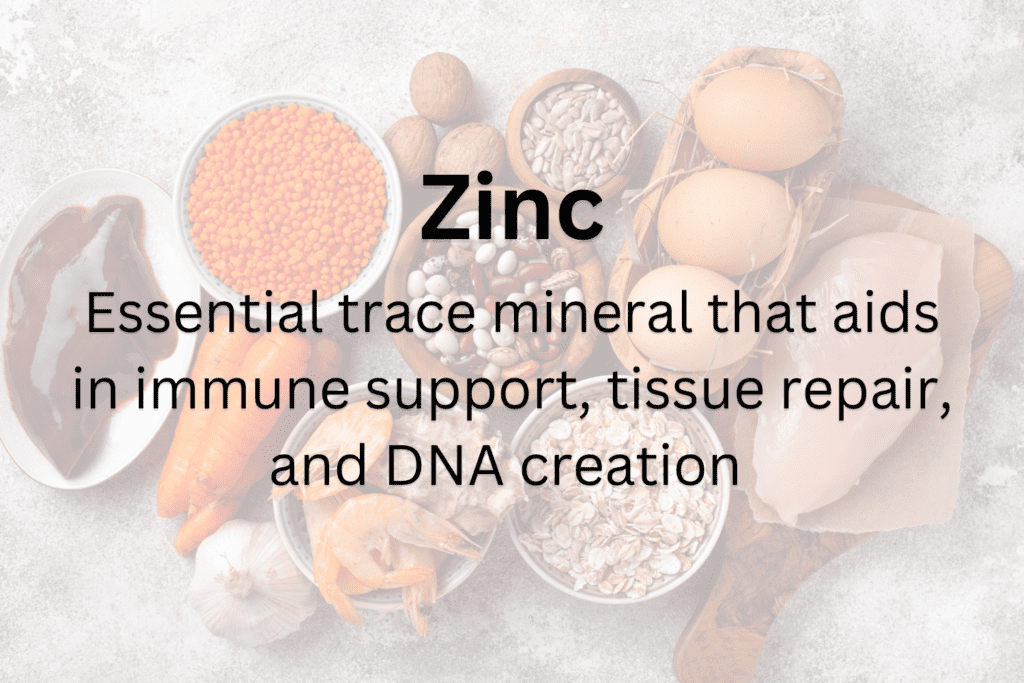 A bunch of different types of food with the word " zinc ".